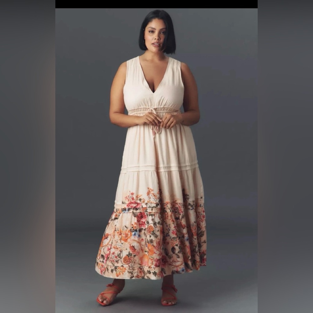 Anthropologie Somerset Maxi floral Dress: Linen TieEdition smocked waist pocket